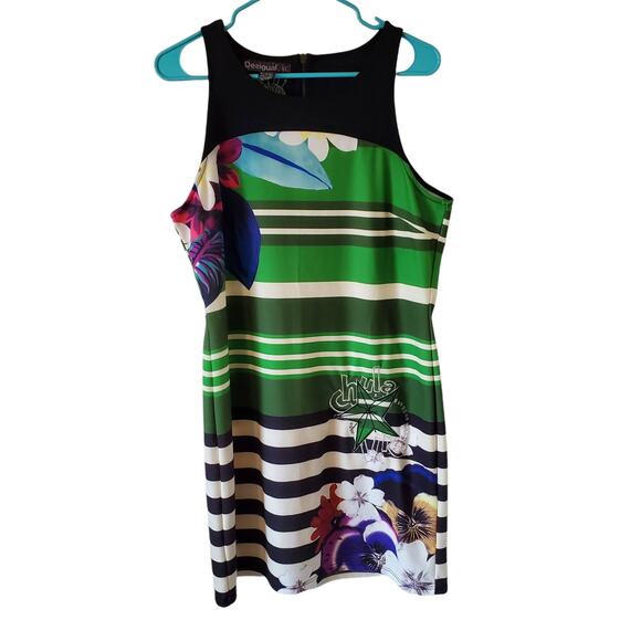 Desigual Chula Life Floral Striped Print Dress Womens XL Green Black - Picture 2 of 6